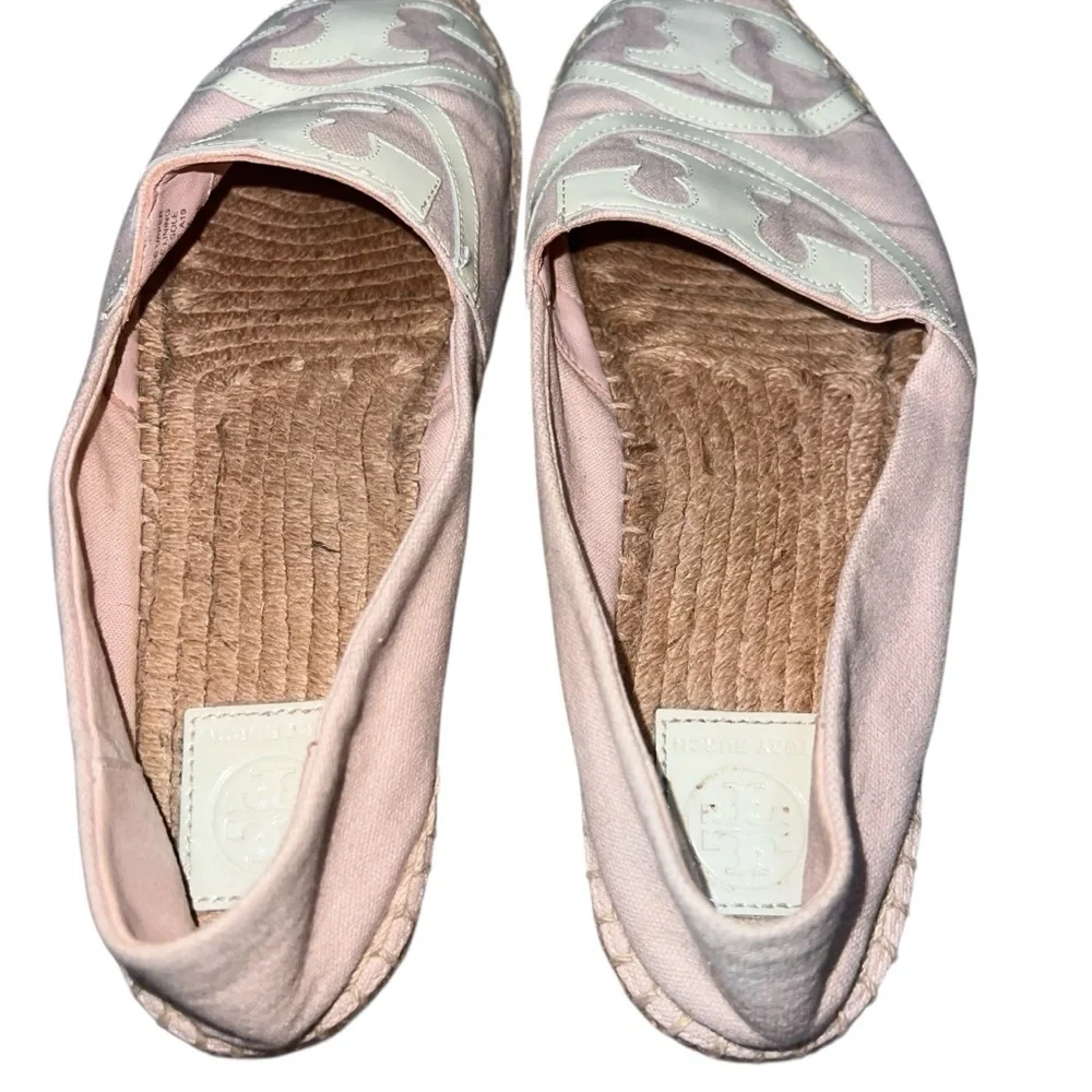 Tory Burch Pale Pink Canvas White Patent Leather Espadrilles Jute Sole Size 11
